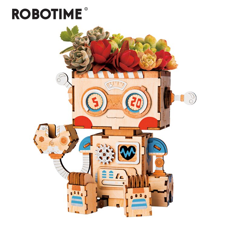 3D Wooden Robot Puzzle Game Creative Flower Pot Storage Box Penholder Models for Children Adult FT761