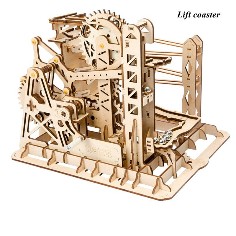 4 Kinds Marble Run Game DIY Waterwheel Coaster Wooden Assembly Gift for LG501