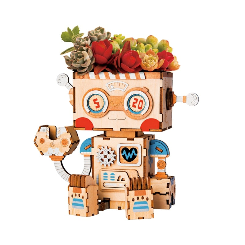 3D Wooden Robot Puzzle Game Creative Flower Pot Storage Box Penholder Models for Children Adult FT761