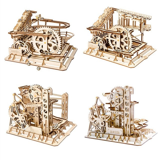 4 Kinds Marble Run Game DIY Waterwheel Coaster Wooden Assembly Gift for LG501
