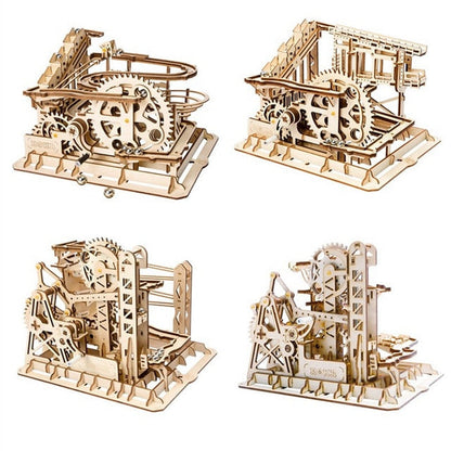 4 Kinds Marble Run Game DIY Waterwheel Coaster Wooden Assembly Gift for LG501