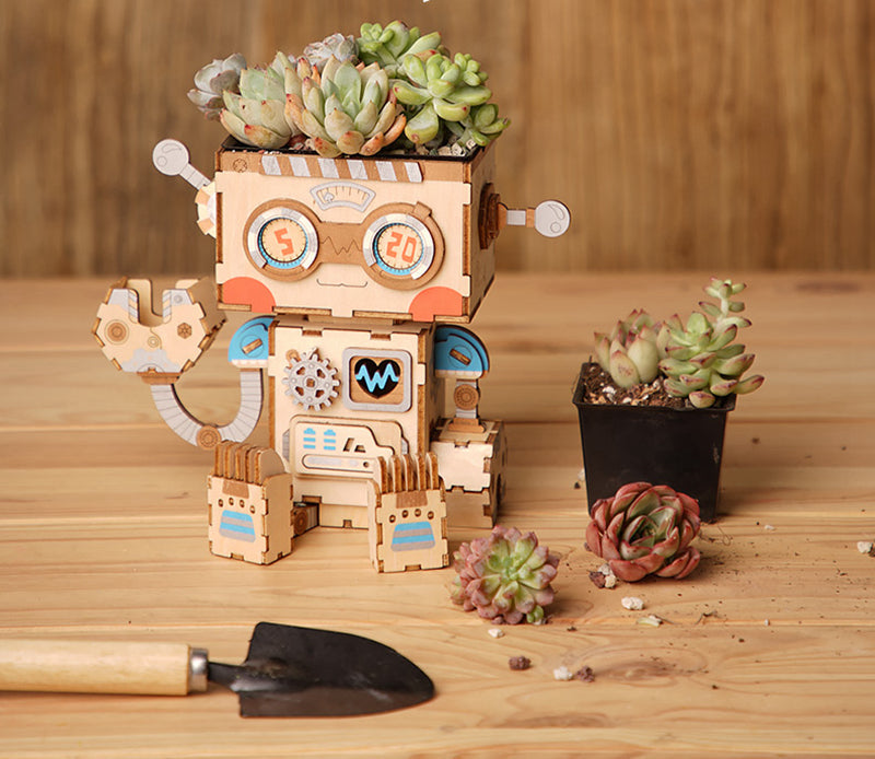 3D Wooden Robot Puzzle Game Creative Flower Pot Storage Box Penholder Models for Children Adult FT761